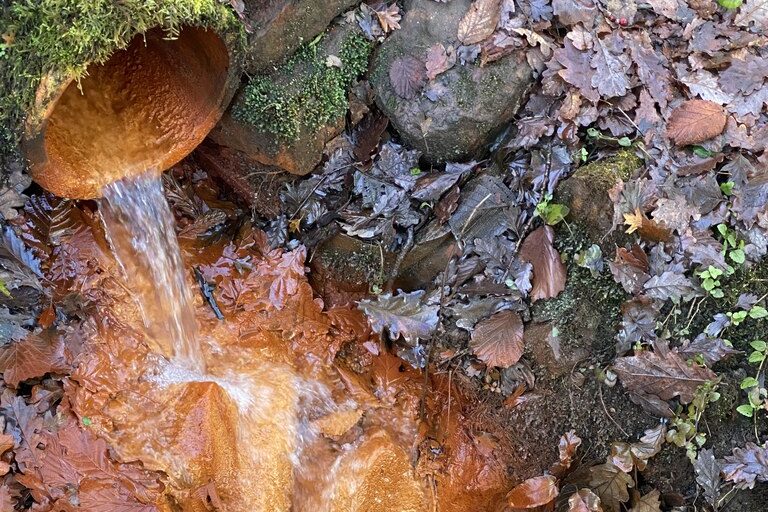 Iron-rich spring water pouring from a pipe over rocks and leaves stained bright orange